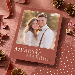 Merry and Married Christmas Photo - Terracotta Red Foil Holiday Card