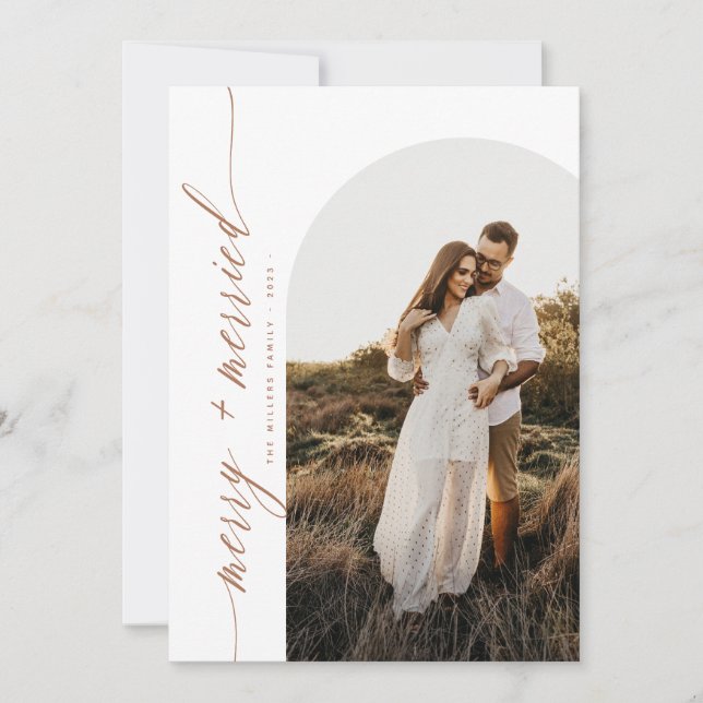 Merry and Married Christmas Terracotta photo Arch  Holiday Card (Front)