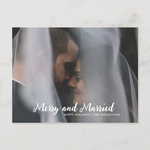 Merry And Married Couple Wedding Photo Holiday Postcard