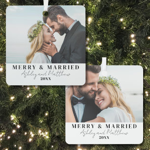 Merry And Married Couple Wedding Photo Metal Ornament