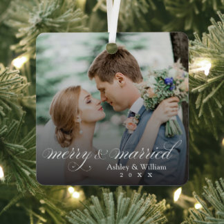 Merry and Married Custom Photo Newlywed Christmas Metal Ornament