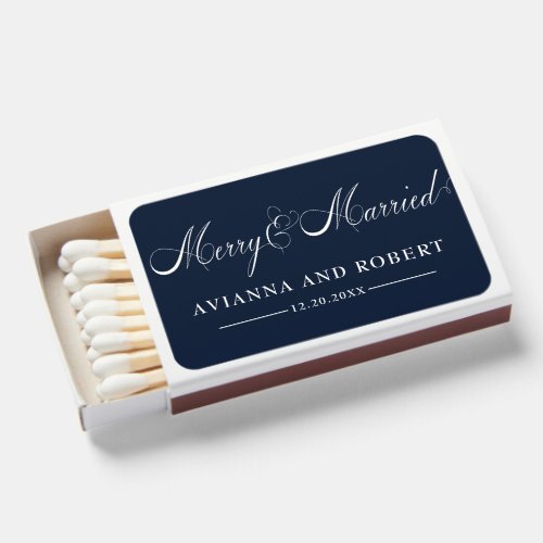 Merry and Married Dark Blue Wedding Favor Matchboxes