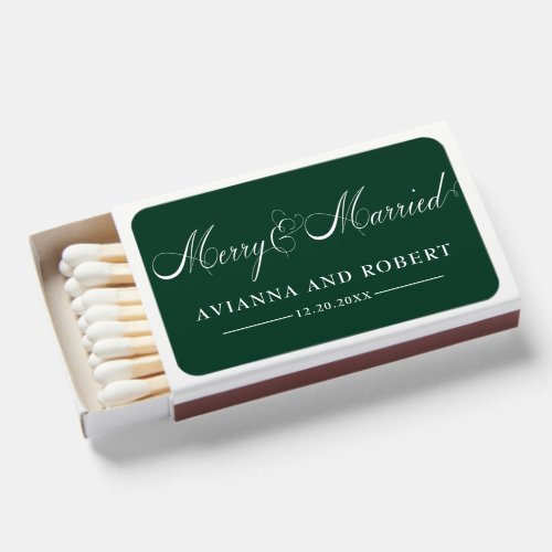 Merry and Married Dark Green Wedding Favor Matchboxes