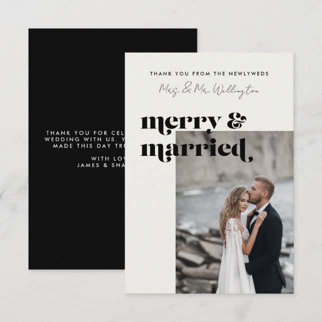Merry and Married Elegant Modern Photo Wedding Thank You Card (Front/Back)