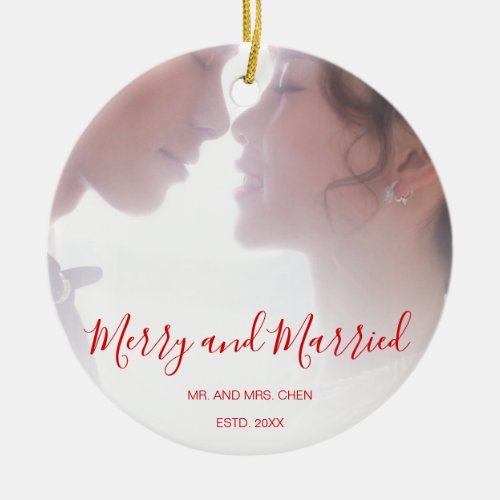 Merry and Married Elegant Red Text Newlywed Photo Ceramic Ornament