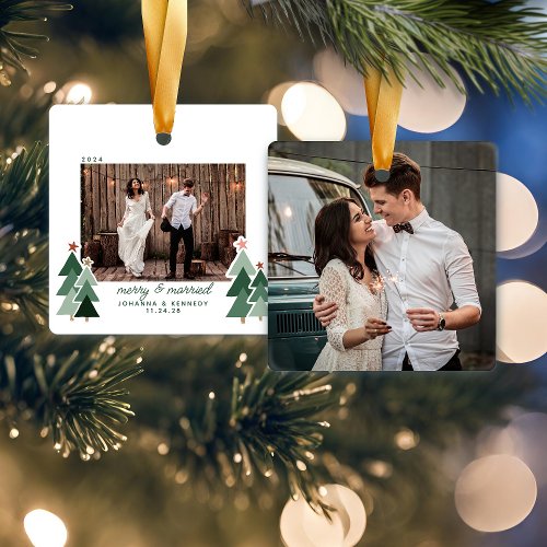 Merry and Married First Christmas Holiday Photo Ceramic Ornament