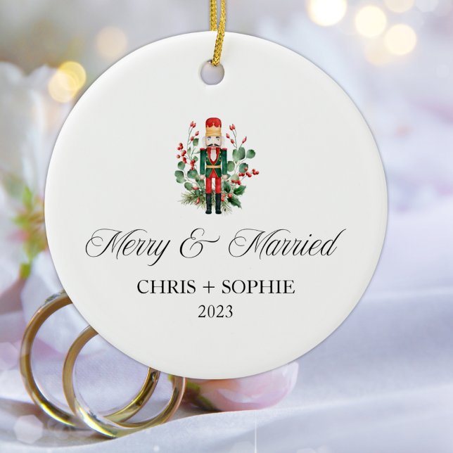 Merry And Married First Christmas Nutcracker  Ceramic Ornament (Merry And Married First Christmas Nutcracker Ceramic Ornament)