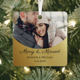 Merry and Married First Christmas Photo Gold Metal Ornament
