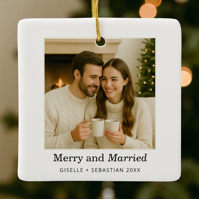 Merry and Married First Christmas Photo Holiday Ceramic Ornament (Creator Uploaded)