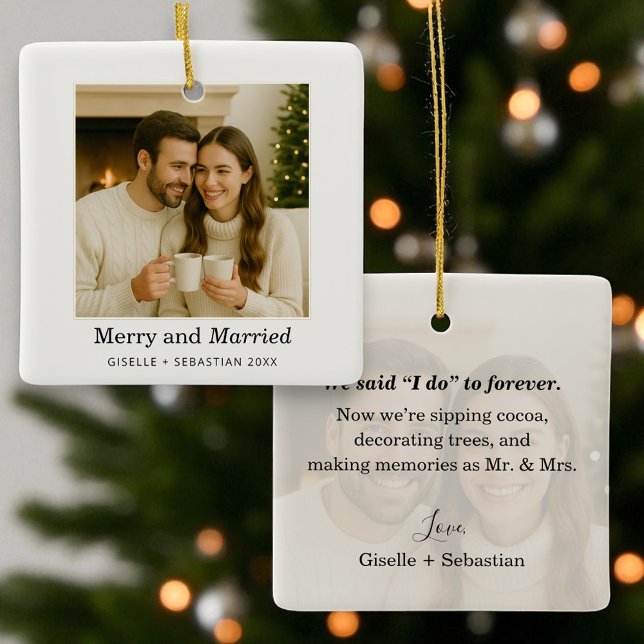 Merry and Married First Christmas Photo Keepsake Ceramic Ornament (Creator Uploaded)