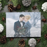 Merry and Married First Newlywed Christmas Holiday Card<br><div class="desc">This elegant snowflake Christmas card features the phrase "merry and married" over your landscape newlywed photo. Perfect for couples celebrating their first Christmas as a married couple or use it as a Christmas wedding announcement.</div>