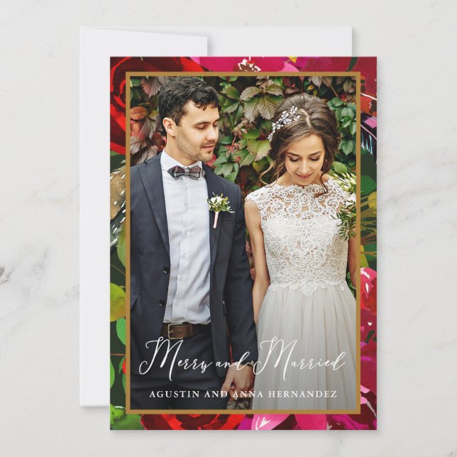 Merry and Married Floral Green Holiday Greeting (Front)