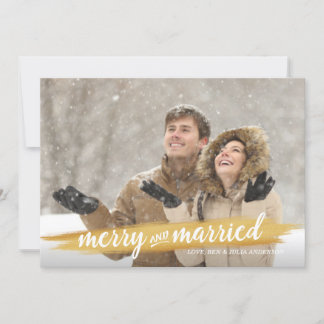 Merry and Married Gold Brushstroke Holiday Photo Card