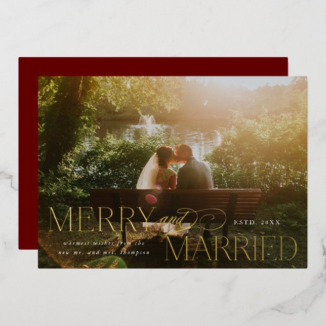 Merry and Married Gold Foil Newlywed Christmas Holiday Card (Front/Back)