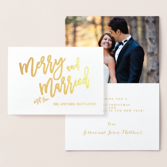 Merry and Married Gold Foil Script Holiday Photo Foil Card (Display)