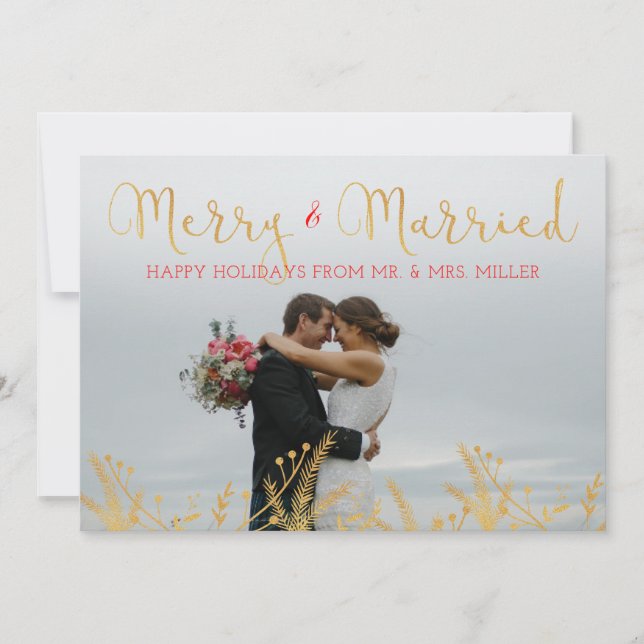 Merry and Married Gold Red Christmas Holiday Card (Front)
