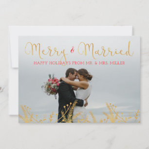 Merry and Married Gold Red Christmas Holiday Card