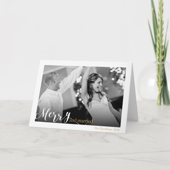 Merry and Married Gold Script Newlyweds Christmas Holiday Card (Front)