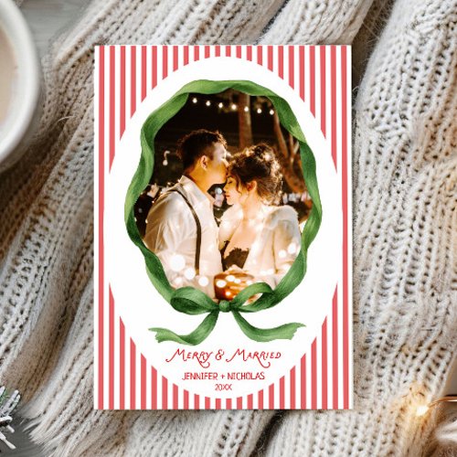 Merry and Married Green Bow Frame Photo Christmas Holiday Card