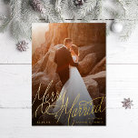 Merry and Married Hand-Lettering Photo Foil Holiday Card<br><div class="desc">Original hand-lettering over full bleed photo; backer color is editable or add more photos and text.</div>