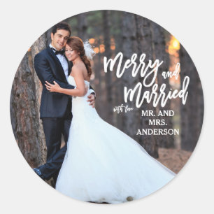 Merry and Married Hand Script Holiday Photo Classic Round Sticker