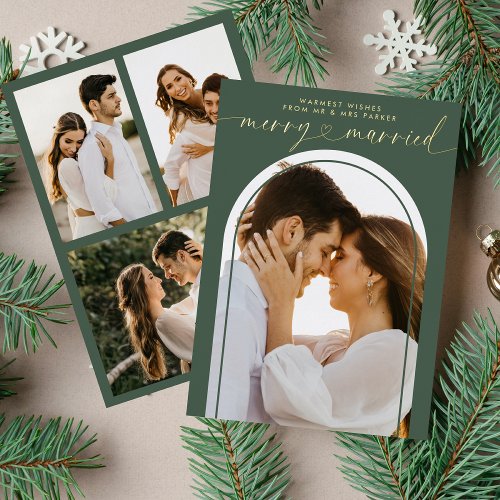 Merry and Married Heart Script Christmas Photo Foil Holiday Card