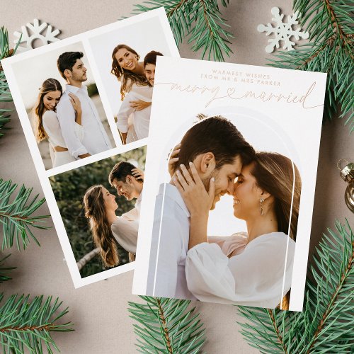 Merry and Married Heart Script Christmas Photo Foil Holiday Card
