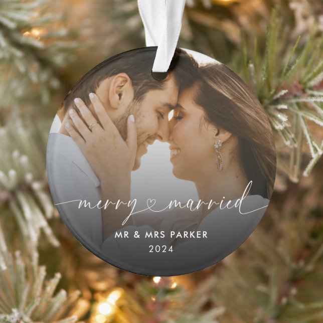 Merry and Married Heart Script Christmas Photo Ornament (Tree)