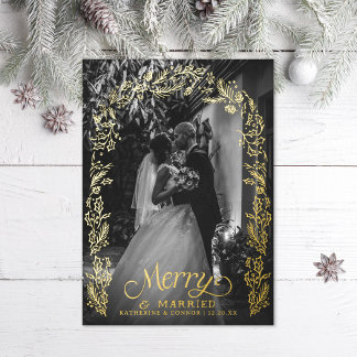 Merry and Married Holly Photo Foil Holiday Card
