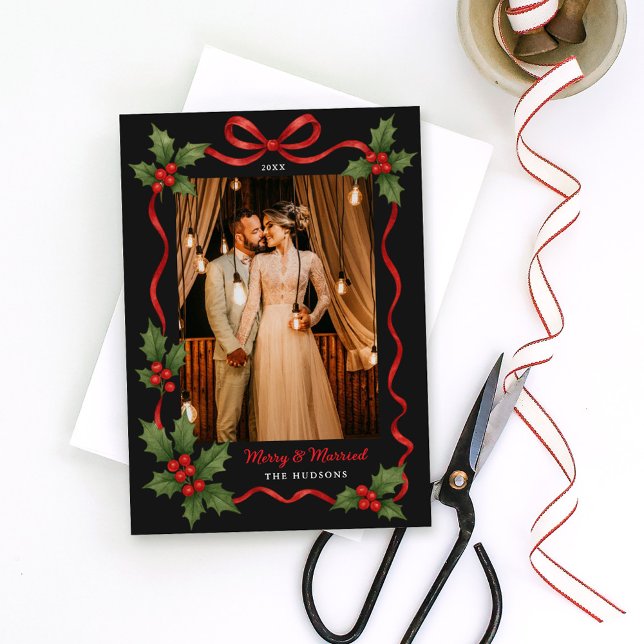 Merry and Married Holly Ribbon Black Photo Holiday Card (Creator Uploaded)
