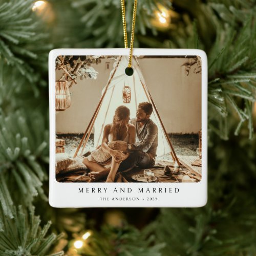 Merry and Married Minimalist Couple Photo Ceramic Ornament
