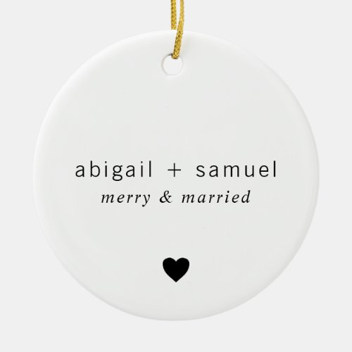 Merry and Married Minimalist Heart Newlywed Photo Ceramic Ornament