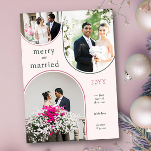 Merry and Married Modern Arch Newlywed 3 Photo Holiday Card