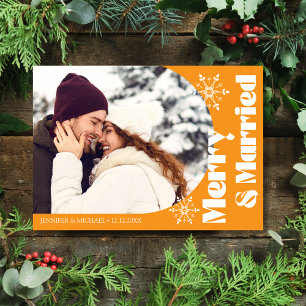 merry and married modern arch photo orange holiday card