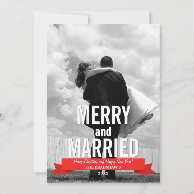 Merry and Married Modern Ribbon Holiday Photo (Front)