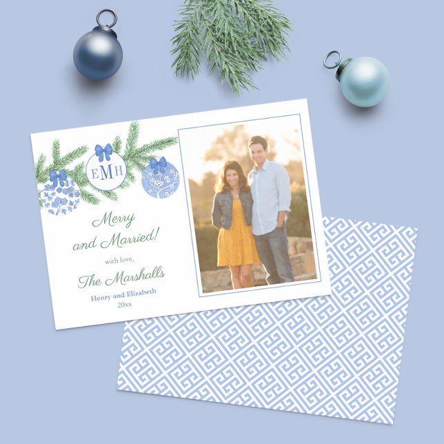Merry And Married Monogram Merry Christmas Photo  Holiday Card (Blue and white chinoiserie ornaments Christmas cards with monogram, family photo & Greek Key backer)