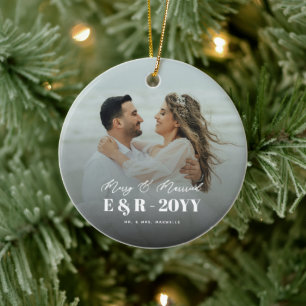 Merry and Married Monogram Year Newlweds Photo Ceramic Ornament