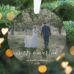 Merry and Married | Newleyweds Christmas Photo Ornament<br><div class="desc">Beautiful photograph newleyweds christmas tree ornament with a simple, modern, minimalist "merry and married" quote. This versatile design can be personalized with your own photograph, name and date to make a truly unique and bespoke design for your special day. The card shows an example image of a couple on their...</div>