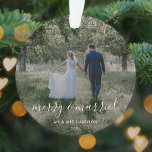 Merry and Married | Newleyweds Christmas Photo Ornament<br><div class="desc">Beautiful photograph newleyweds christmas tree ornament with a simple, modern, minimalist "merry and married" quote. This versatile design can be personalized with your own photograph, name and date to make a truly unique and bespoke design for your special day. The card shows an example image of a couple on their...</div>