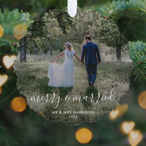 Merry and Married  Newleyweds Christmas Photo Ornament Card
