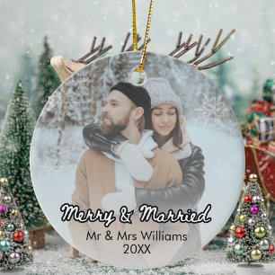 Merry and Married Newleyweds Xmas Photo Ceramic Ornament