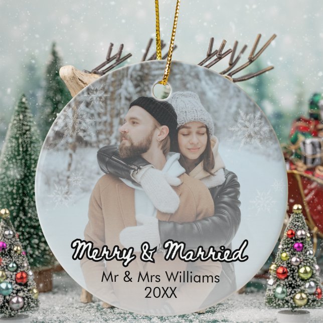 Merry and Married Newleyweds Xmas Photo Ceramic Ornament (Creator Uploaded)