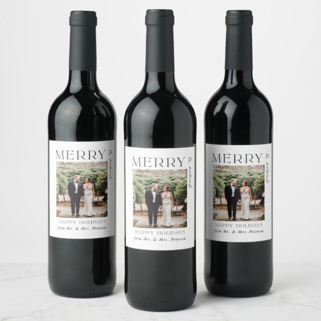 Merry and Married Newlywed Christmas Wedding Favor Wine Label (Bottles)