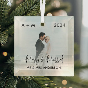 Merry and Married Newlywed First Christmas Photo Glass Ornament