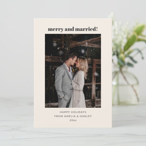 Merry and Married Newlywed Photo Christmas Ivory Holiday Card