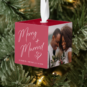 Merry And Married Newlyweds 3 Photo Red Cube Ornament
