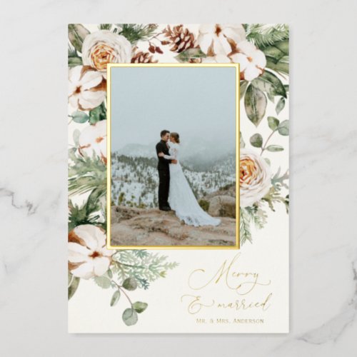 Merry and Married Newlyweds Holiday Photo Foil Inv