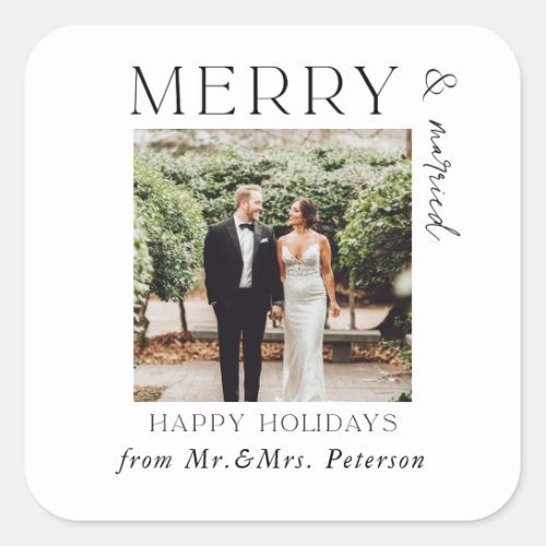 Merry and Married Newlyweds Mr  Mrs Holiday Gift Square Sticker