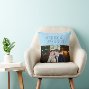 Merry and Married Newlyweds Photo First Christmas  Throw Pillow