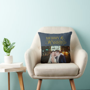 Merry and Married Newlyweds Photo First Christmas Throw Pillow